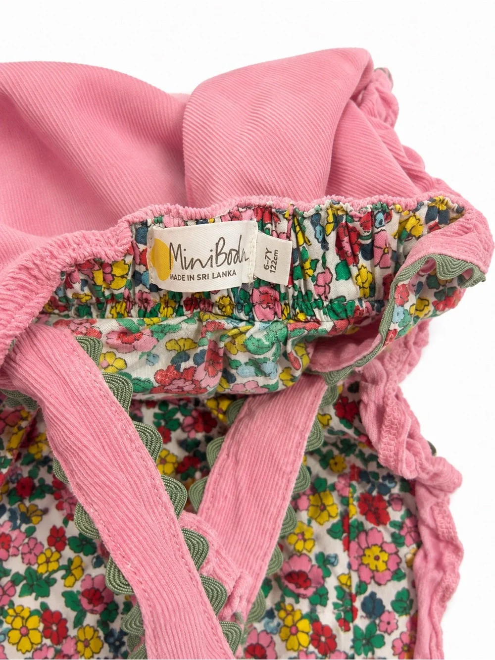 Mini Boden Pink Corduroy Pinafore Dress 6-7Y Floral Ruffle EUC